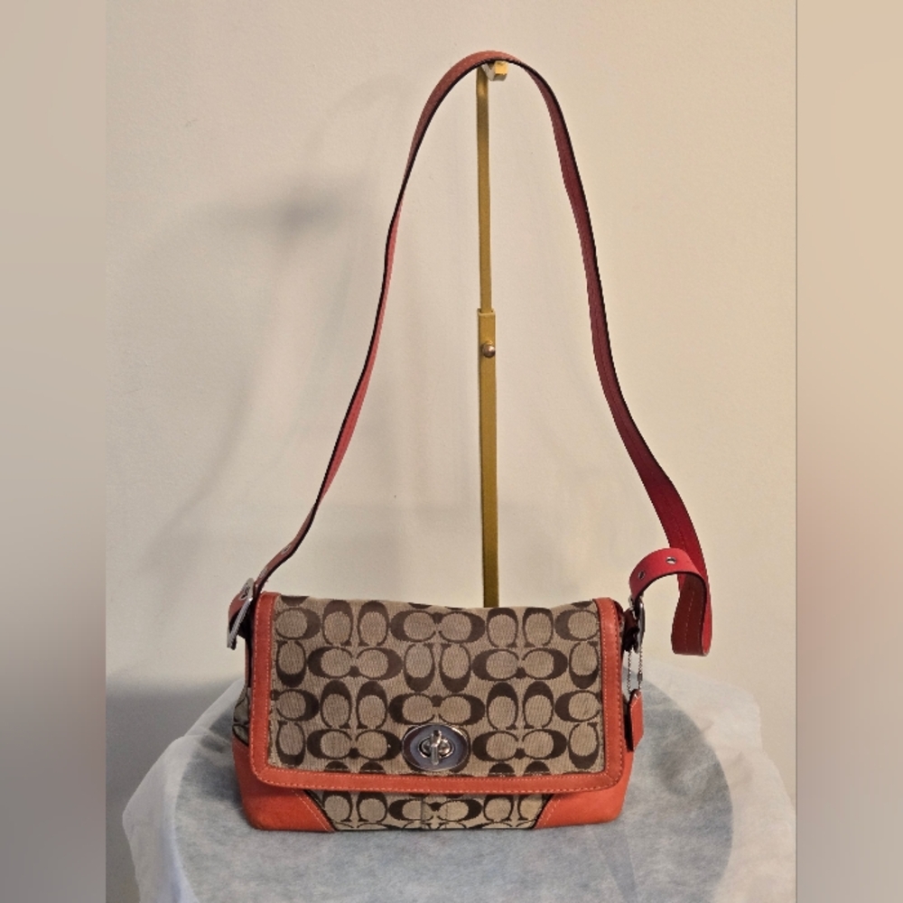 Coach Tan with Red Leather Trim, Y2K, Adjustable Strap Purse